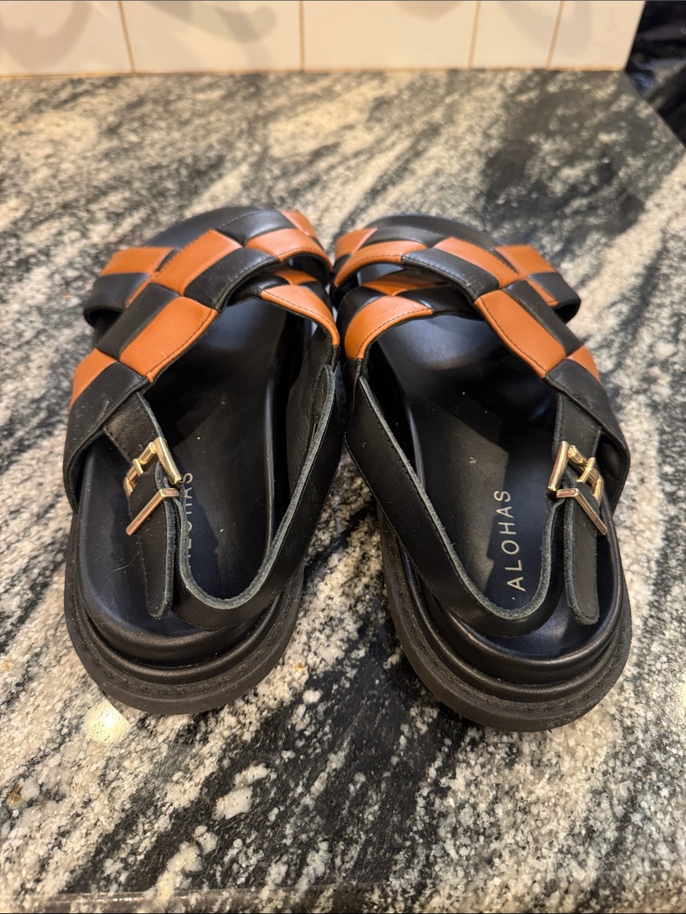 ALOHAS Black and Tan Woven Leather Slingback Sandals - Picture 9 of 13